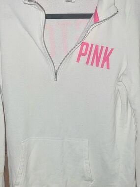 PINK Victoria's Secret White Half-Zip Hoodie with Pink Logo